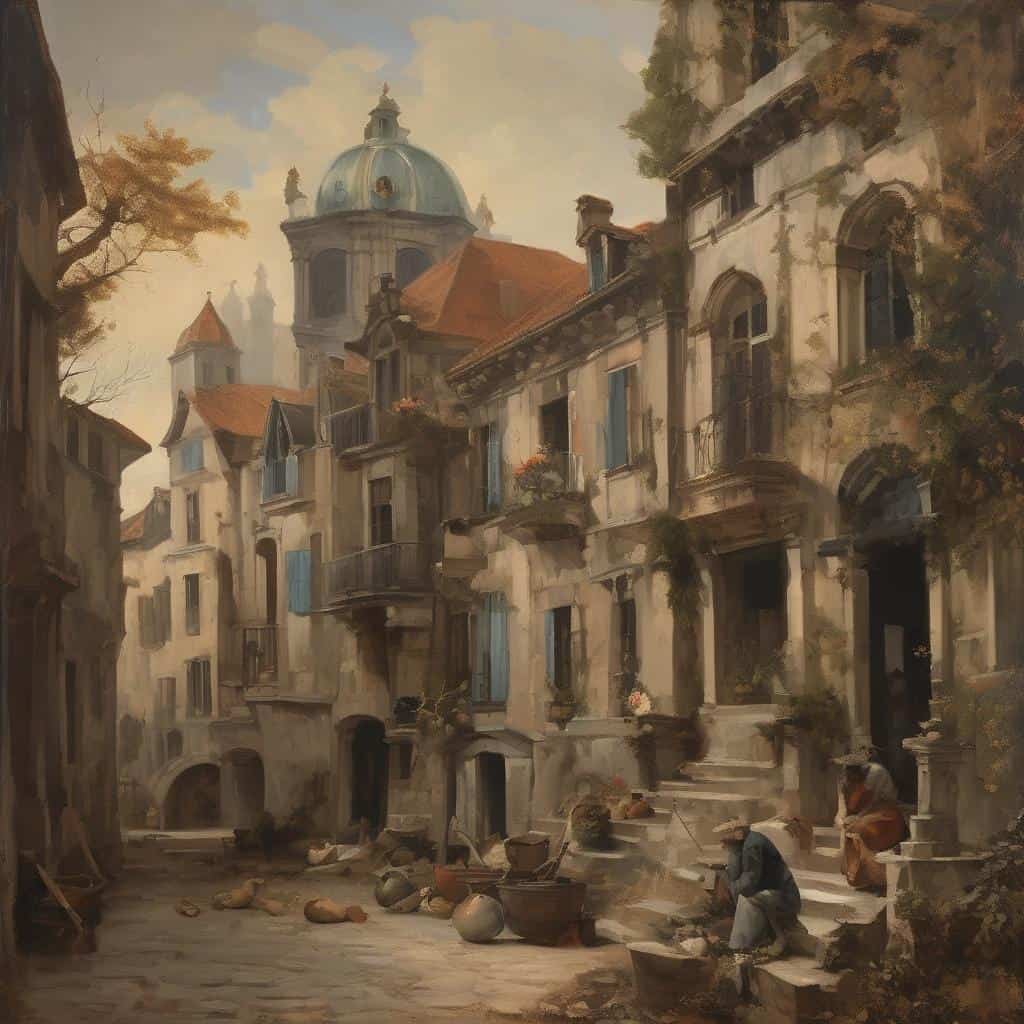 Βικτωριακή πόλη με αρχοντικά και καλλιτέχνες σε μια σκηνή σύγχρονης τέχνης.